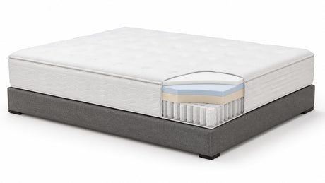 Modern box spring and mattress foundation on white background showing support structures for hybrid mattress