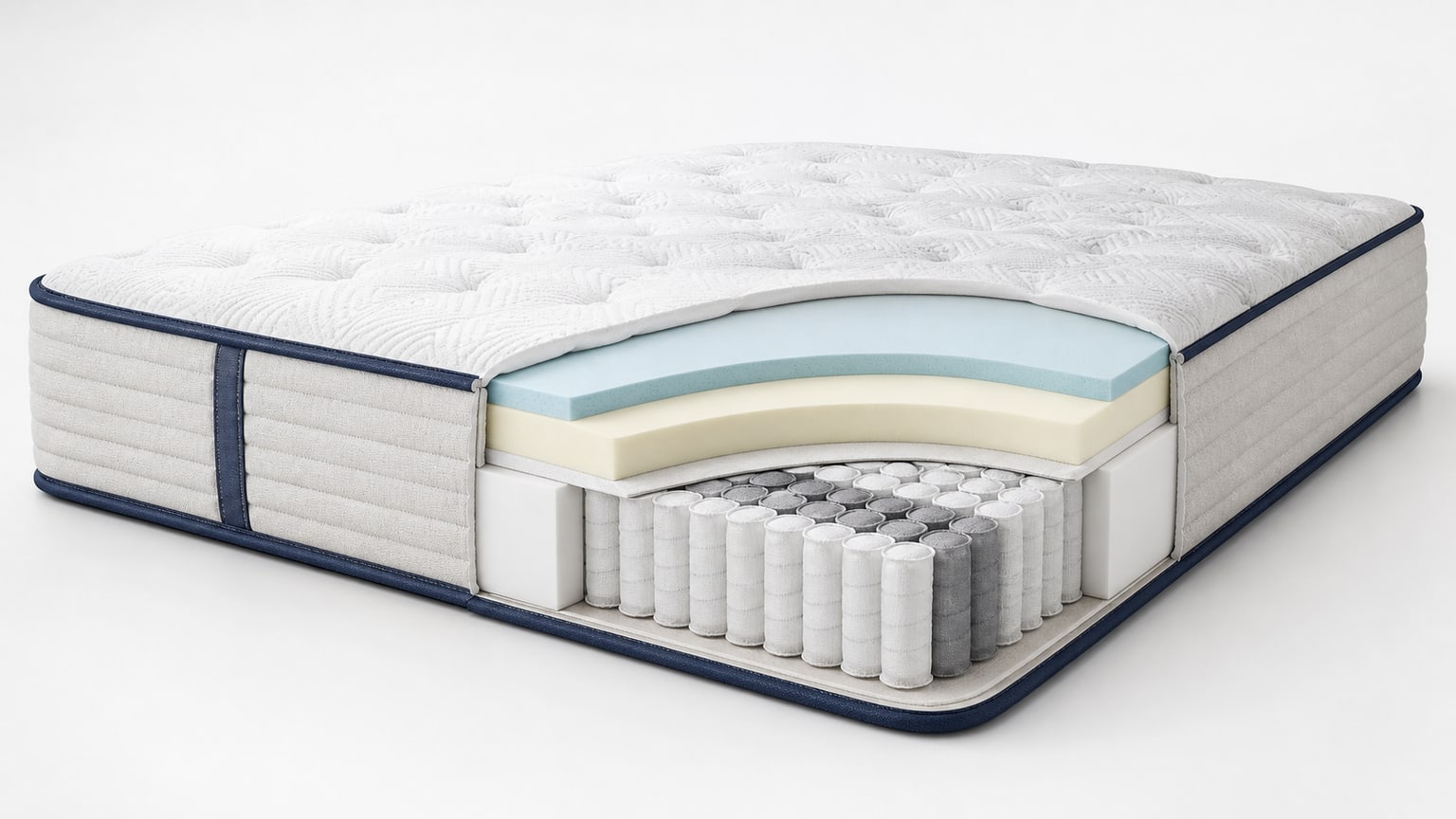 Cutaway of hybrid mattress layers showing foam comfort layers and coil support system on white background