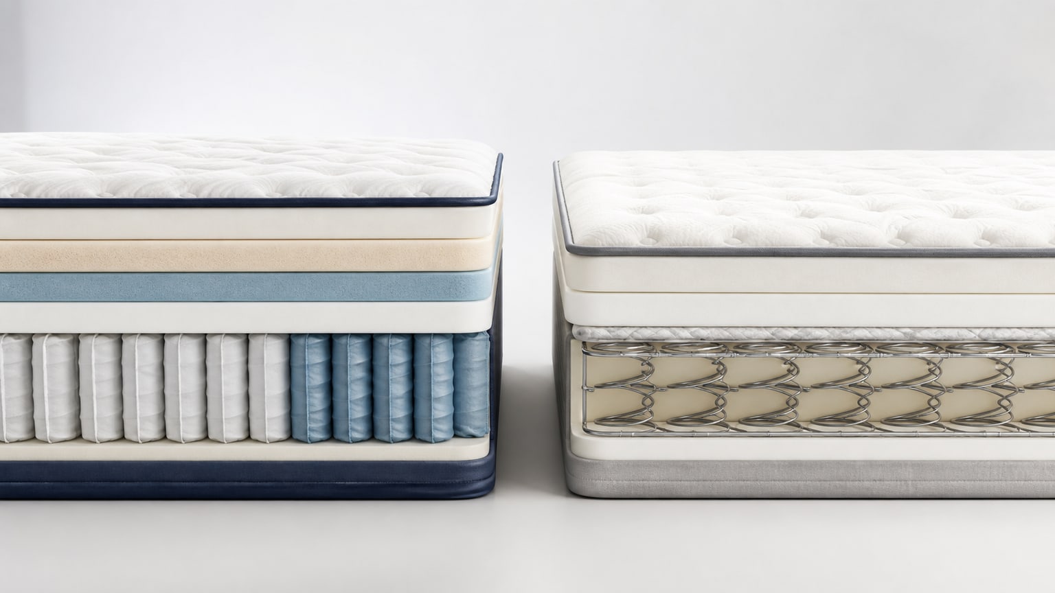 Cutaway view of hybrid mattress showing coil support system and multilayer foam comfort layers on clean white background