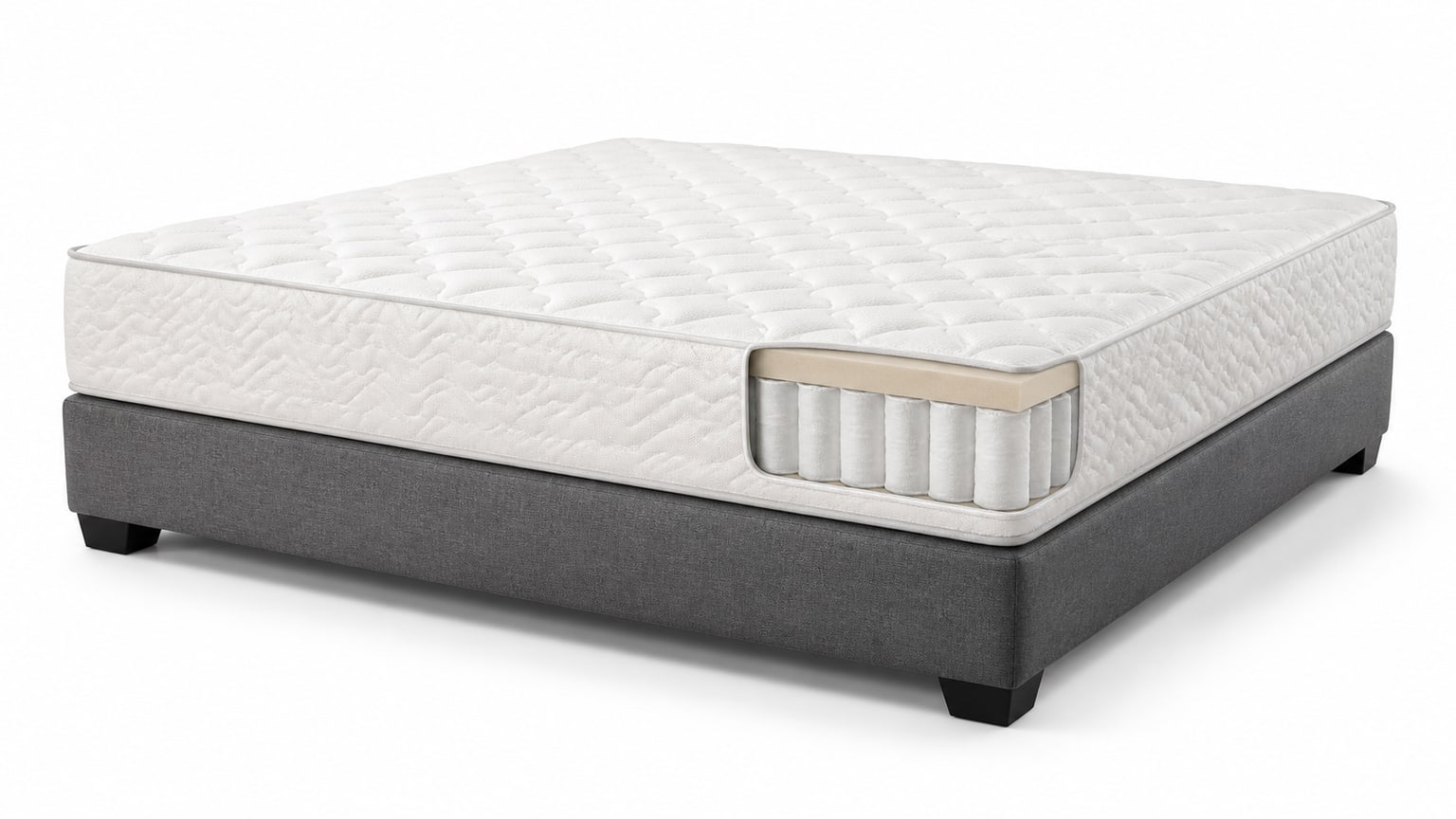 Box spring and mattress foundation on white background with studio lighting