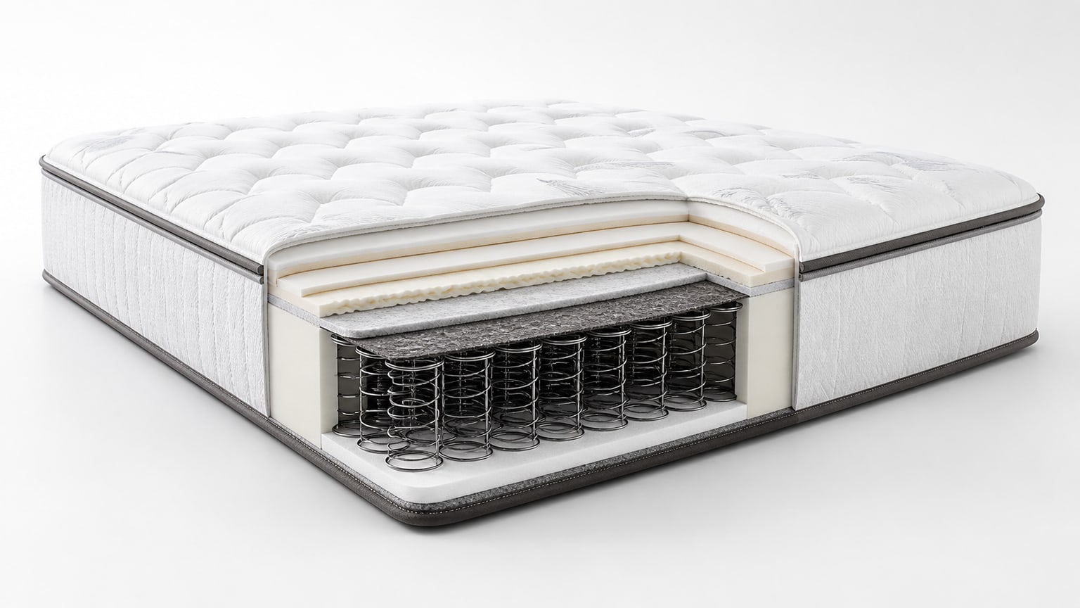 Cutaway of an innerspring mattress showing coil support and comfort layers