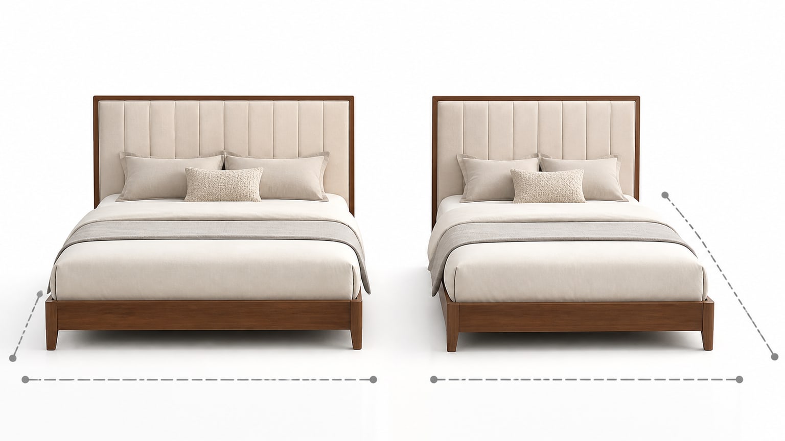 Side-by-side king bed frame and California king bed frame on white studio background for ecommerce.