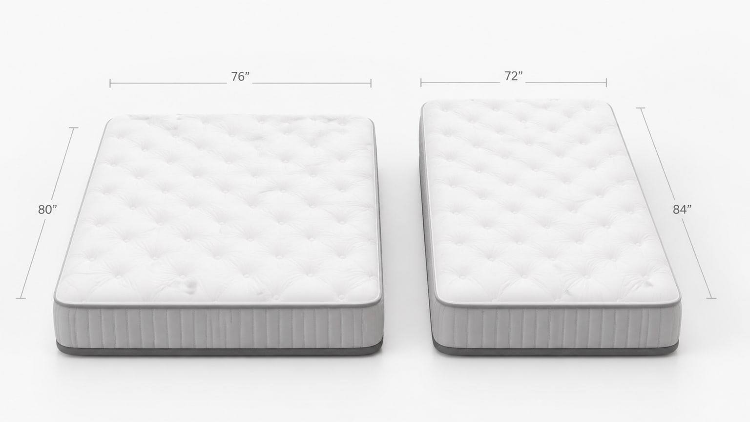 Side by side comparison of King mattress (76x80 inches) and California King mattress (72x84 inches) on white background with dimension labels