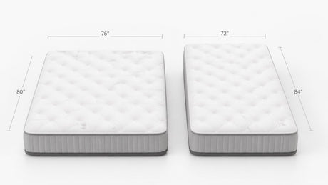 Side by side comparison of King mattress (76x80 inches) and California King mattress (72x84 inches) on white background with dimension labels