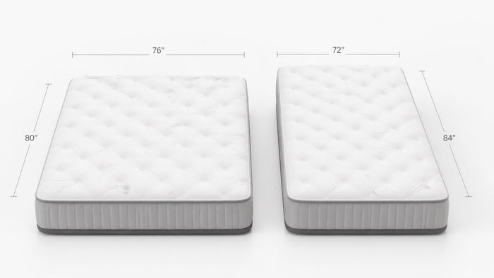 Side by side comparison of King mattress (76x80 inches) and California King mattress (72x84 inches) on white background with dimension labels