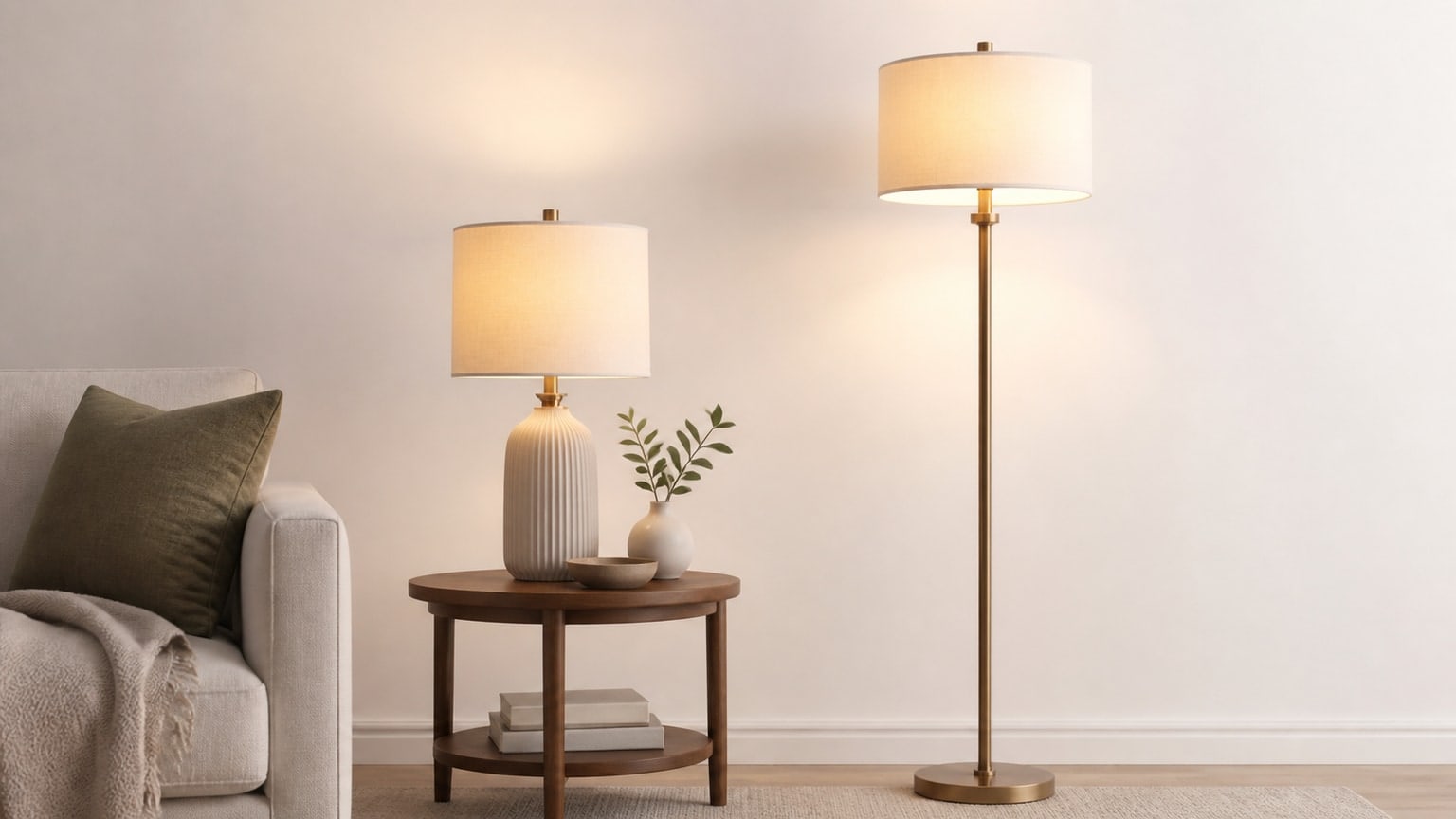 Living room scene with modern floor lamp and table lamp, softly illuminated with warm light on a white background.