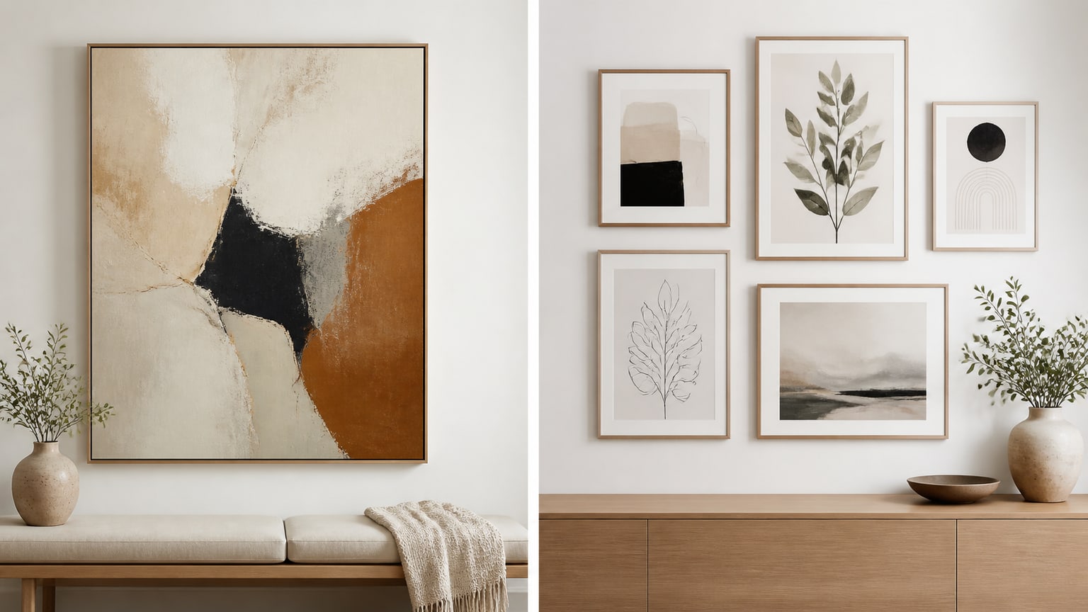Modern living room showing one large abstract canvas art on one wall and a multi-panel gallery wall with framed prints on adjacent wall, styled with neutral furniture.