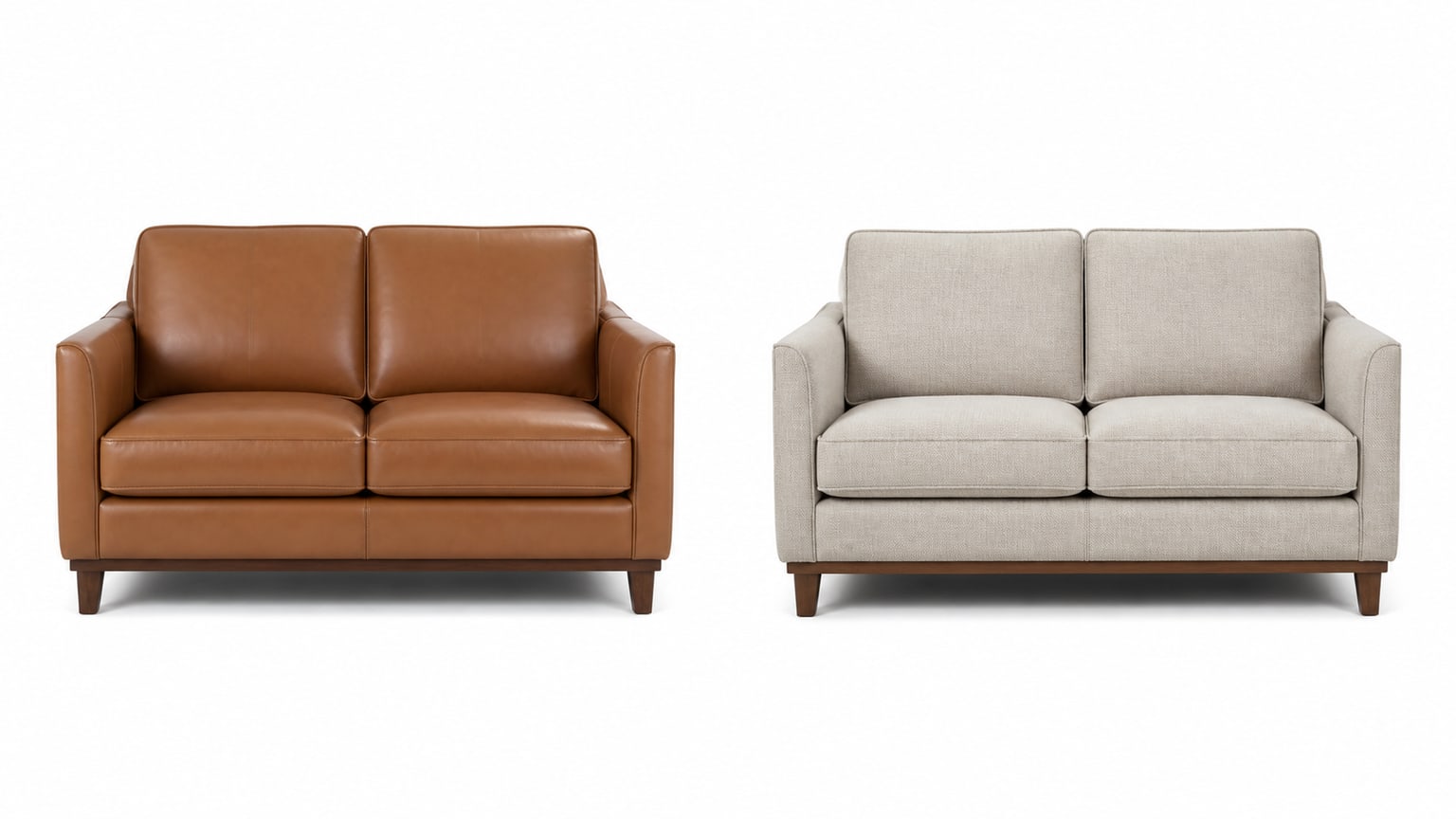 A side-by-side image of a leather loveseat and a fabric loveseat on white background displaying their upholstery and style differences clearly.