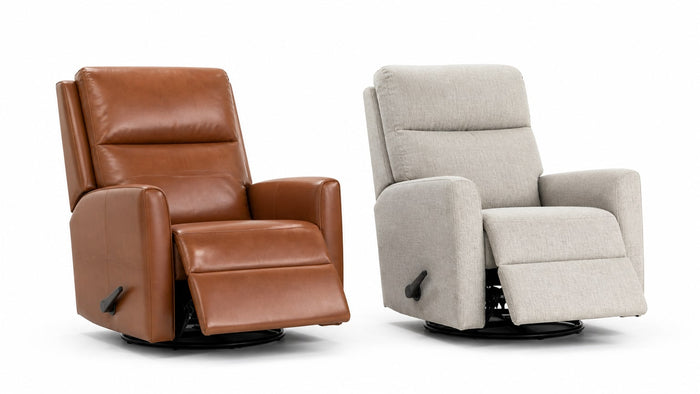 Side by side leather and fabric recliners on white background in a professional studio