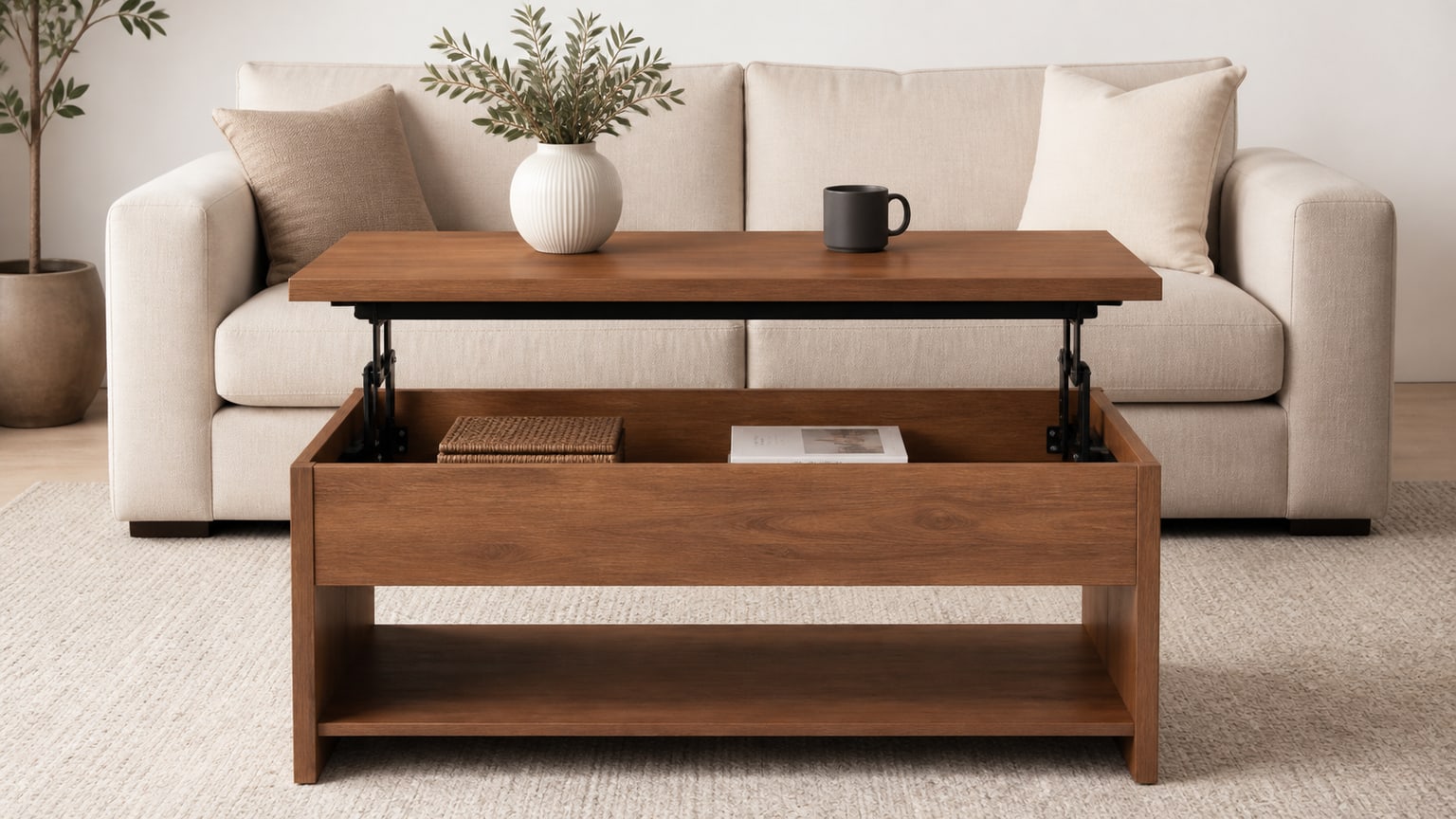 Modern lift-top coffee table with partially lifted surface showing storage compartment