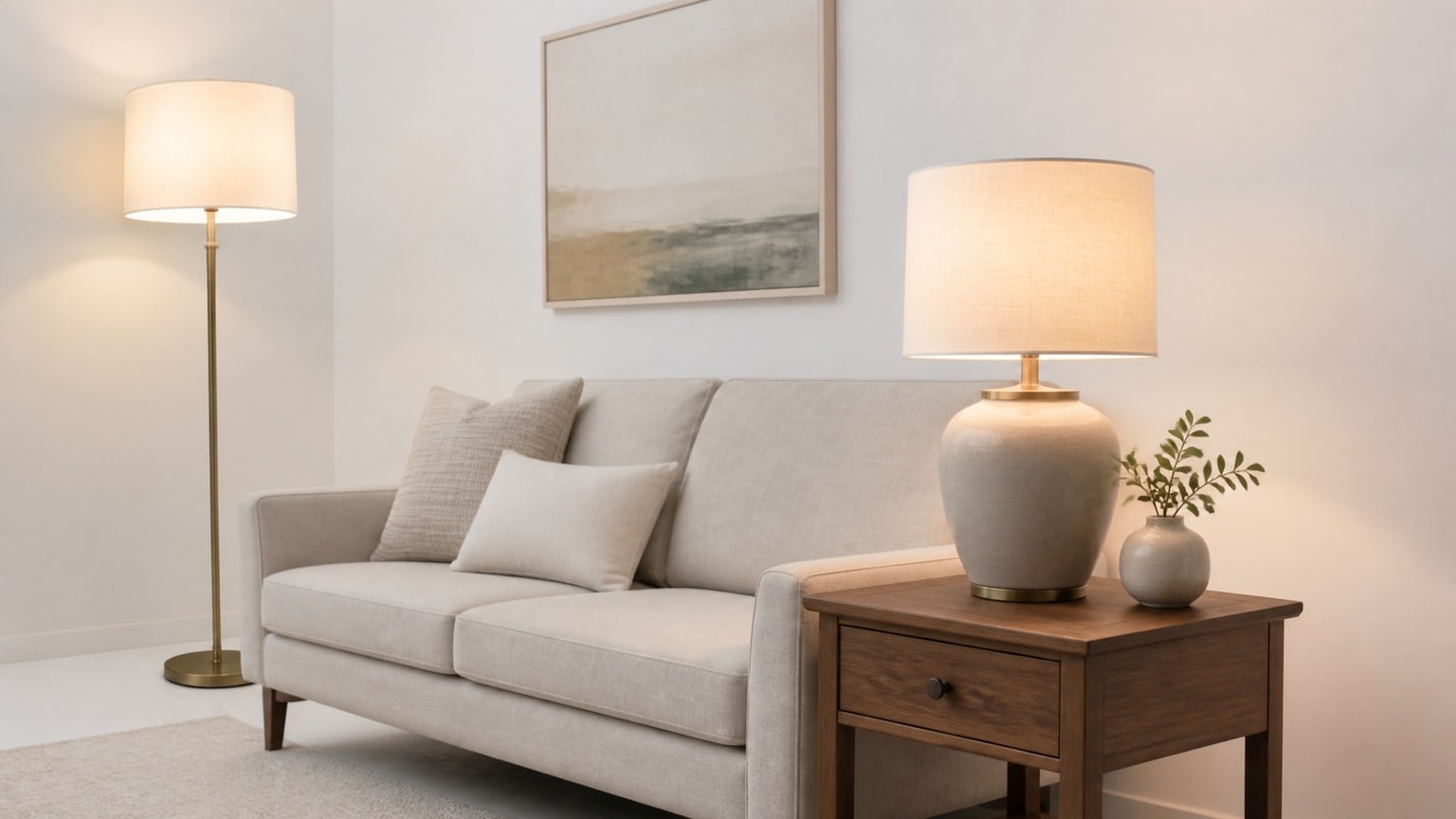 Various types of living room lamps including table lamps, floor lamps, arc, and tripod styles, showcasing soft warm light on a white background