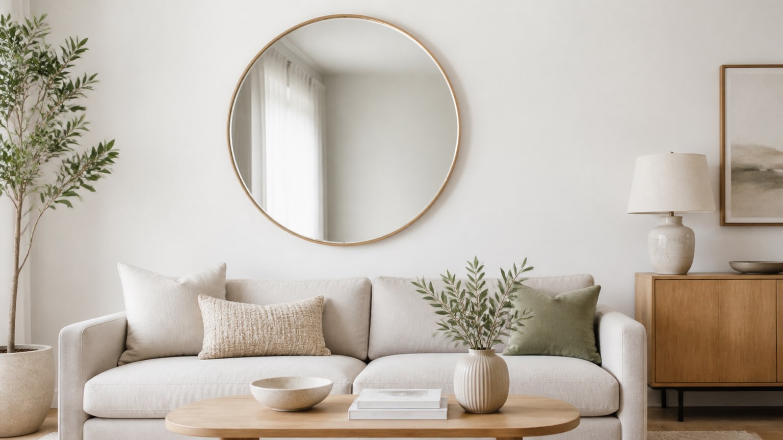 Decorative wooden framed living room wall mirror above modern sofa on neutral wall, reflecting clean interior space.
