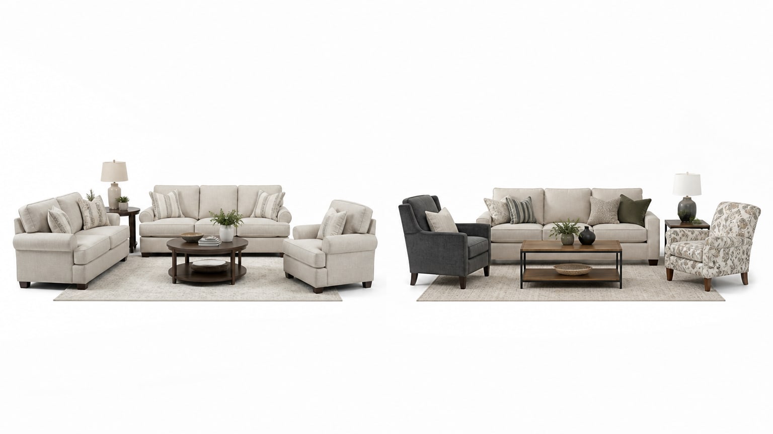 Coordinated living room furniture set with sofa, loveseat, chair, coffee table and area rug on white background