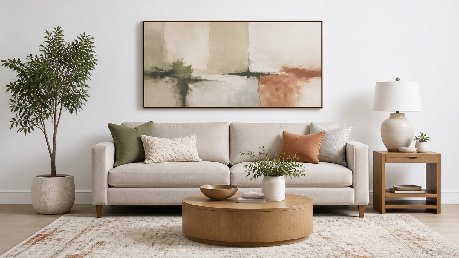 Contemporary living room wall art featuring abstract geometric canvas art above a neutral sofa with console table below, on white background