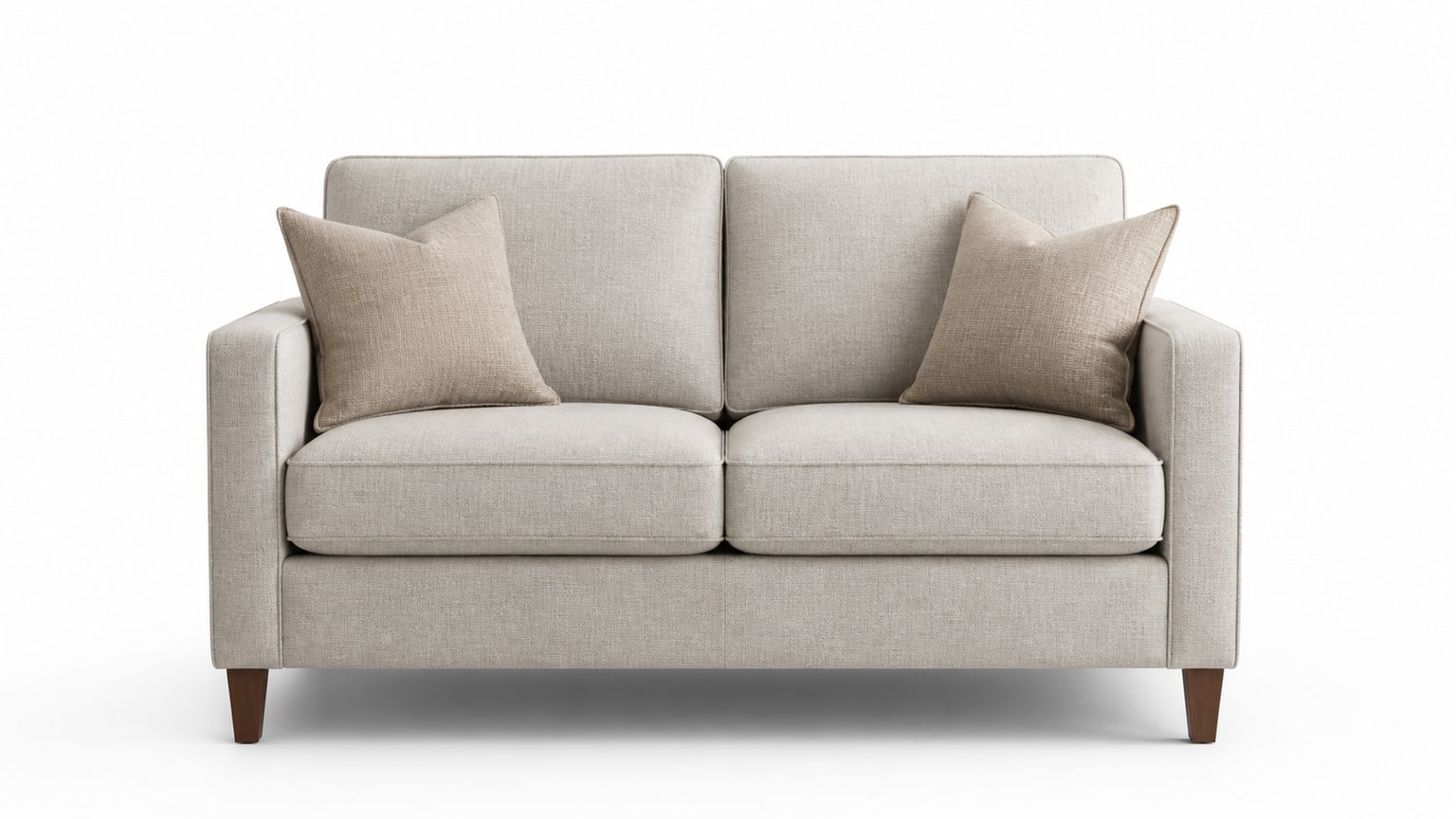 Compact two-seat fabric loveseat with armrests and cushions on white background, studio photography.