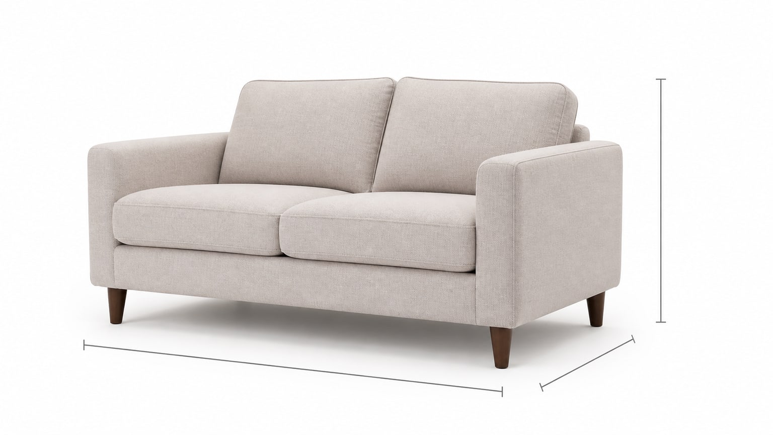 Compact two-seat loveseat with arms and cushions on white background, studio lit, showcasing size and upholstery detail