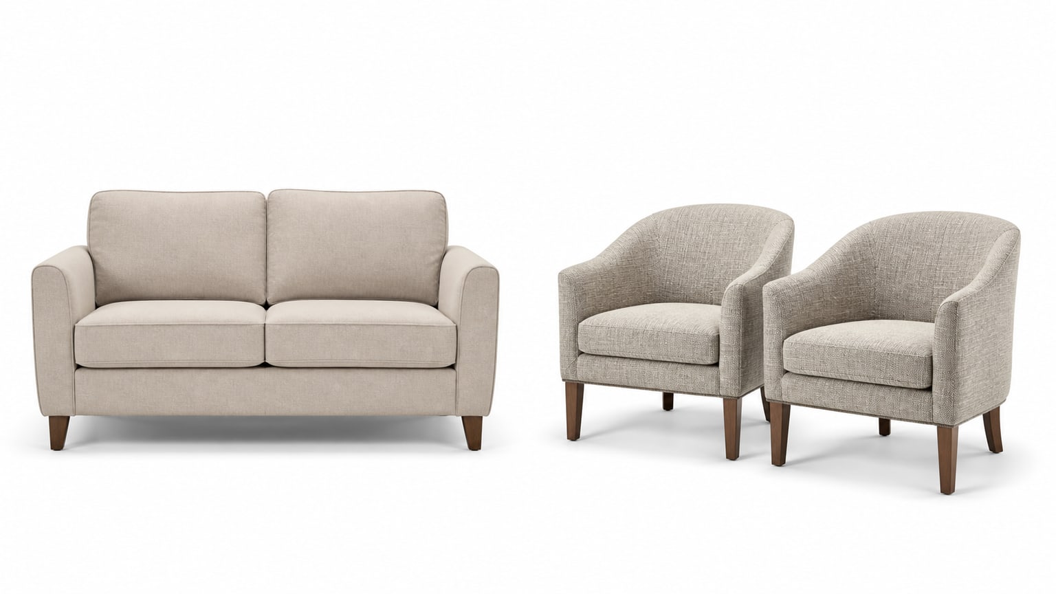 Compact two-seat loveseat with matching accent chairs displayed in a clean studio setting.