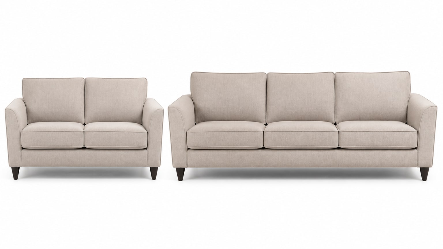 Modern two-seat loveseat with upholstered cushions and armrests on a white background in studio lighting.