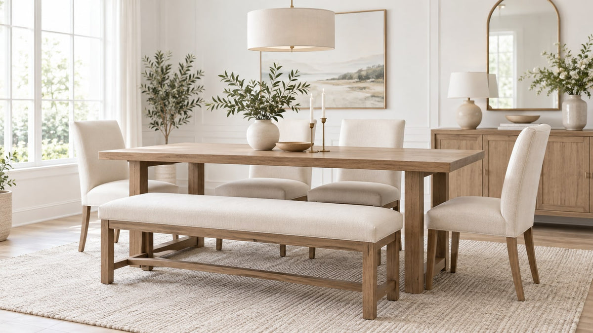 Modern dining room with wooden dining bench, matching chairs, and dining table in bright neutral interior