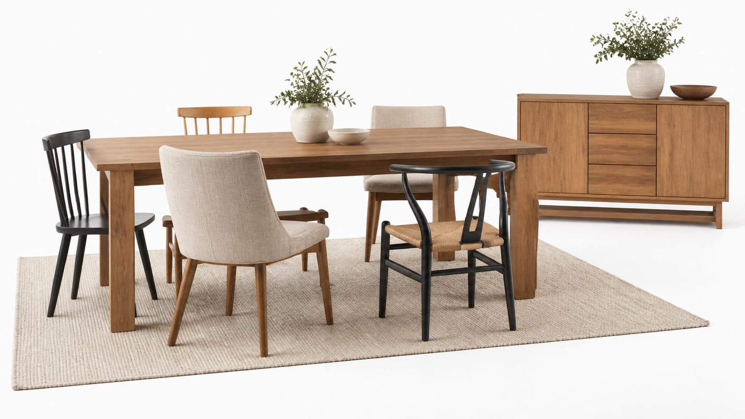 Rectangular natural wood dining table with mixed chairs and matching area rug on white studio background