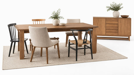 Rectangular natural wood dining table with mixed chairs and matching area rug on white studio background