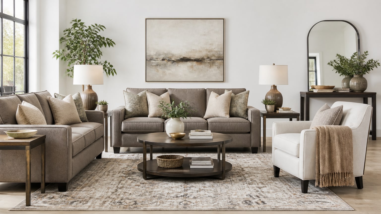 Coordinated living room furniture set including sofa, loveseat, chair, coffee table, end tables with lamps, area rug, and wall decor on white background