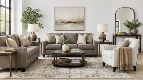 Coordinated living room furniture set including sofa, loveseat, chair, coffee table, end tables with lamps, area rug, and wall decor on white background