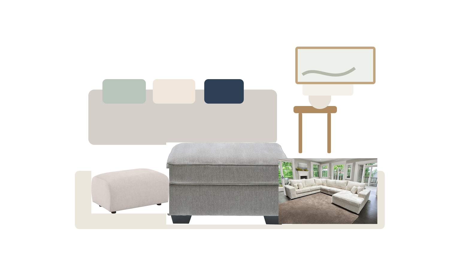 Modern fabric ottoman and soft pouf styled next to a sofa on clean white background with soft studio lighting showcasing upholstery texture and scale.