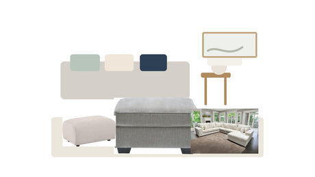 Modern fabric ottoman and soft pouf styled next to a sofa on clean white background with soft studio lighting showcasing upholstery texture and scale.