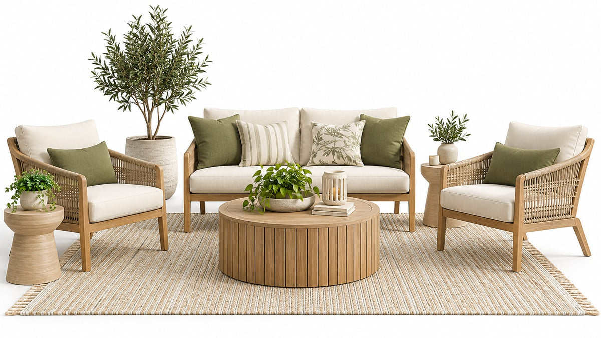 Stylish outdoor patio seating setup with loveseat, lounge chairs, coffee table, cushions, and outdoor rug on bright white patio