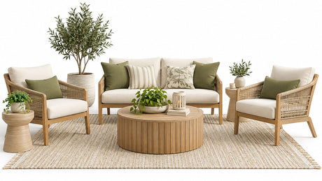 Stylish outdoor patio seating setup with loveseat, lounge chairs, coffee table, cushions, and outdoor rug on bright white patio