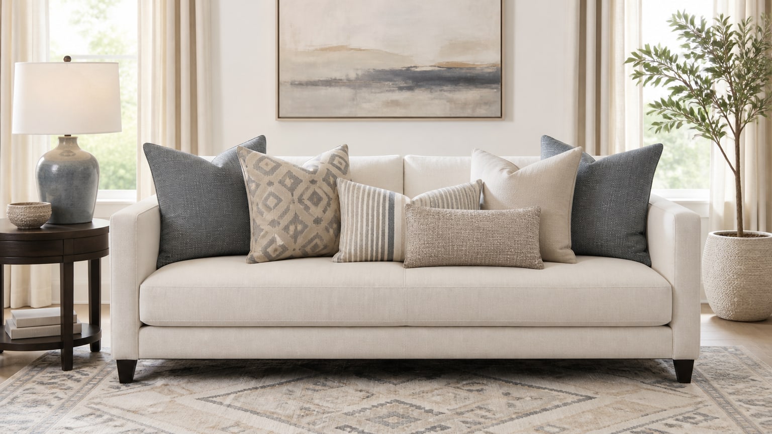Sectional sofa styled with coordinating throw pillows matching rug and curtains in a clean studio setting