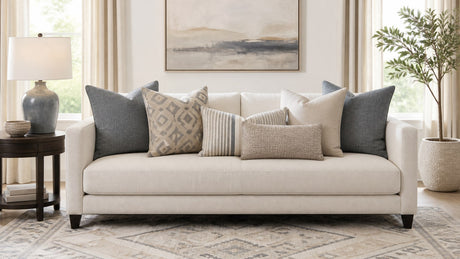 Sectional sofa styled with coordinating throw pillows matching rug and curtains in a clean studio setting