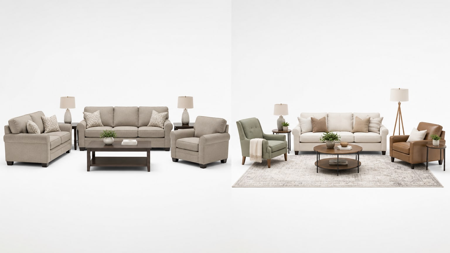 Coordinated modern living room set with sofa, loveseat, accent chair, coffee table, and area rug on white background