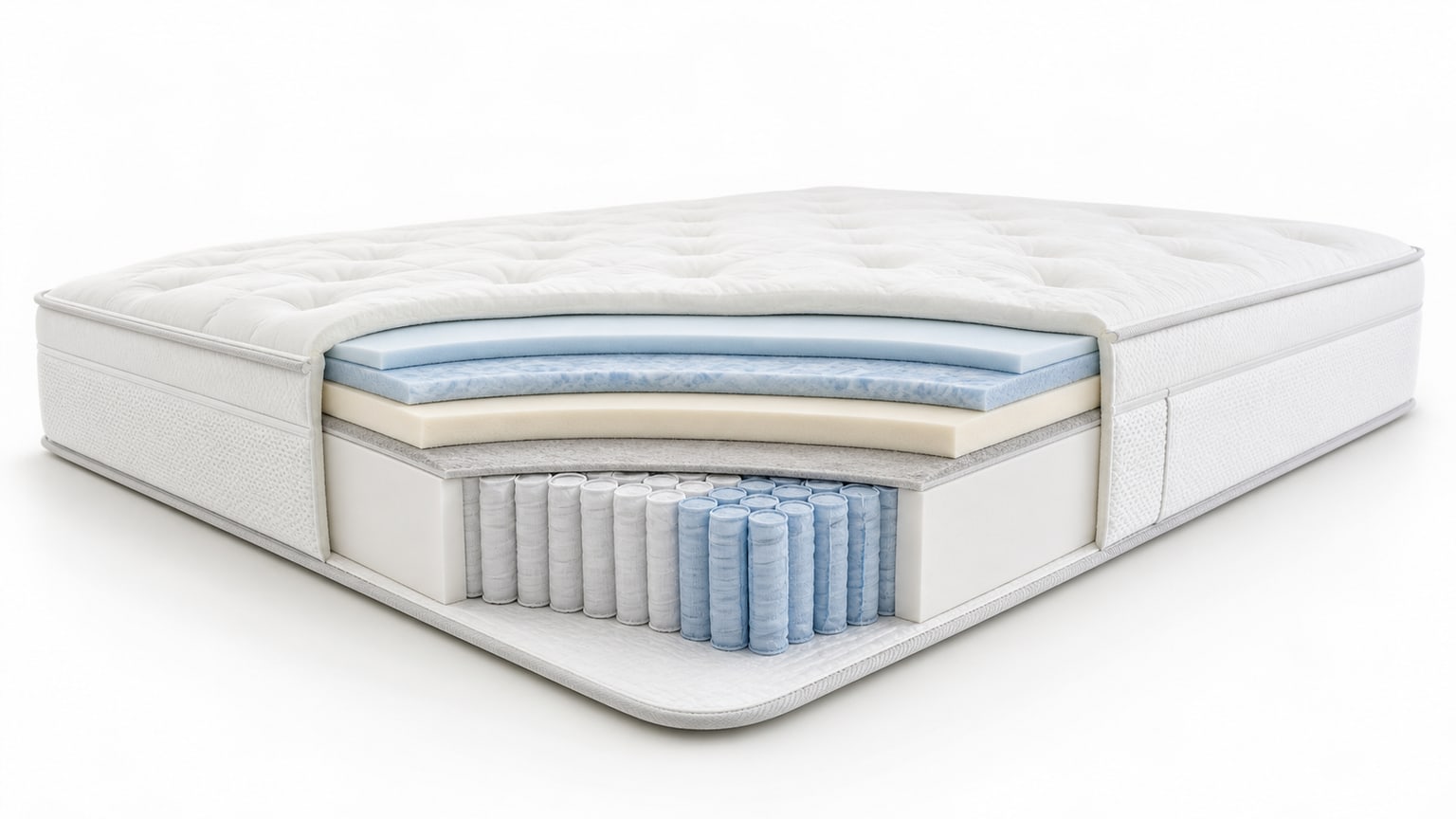 Cross-section view of mattress layers showing comfort and support structure on white background
