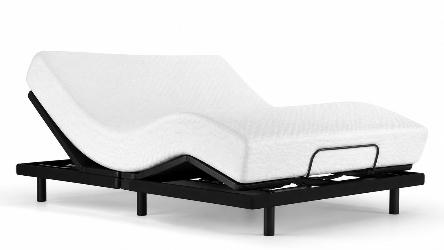 Adjustable bed base with mattress foundation on white background showing power adjustments