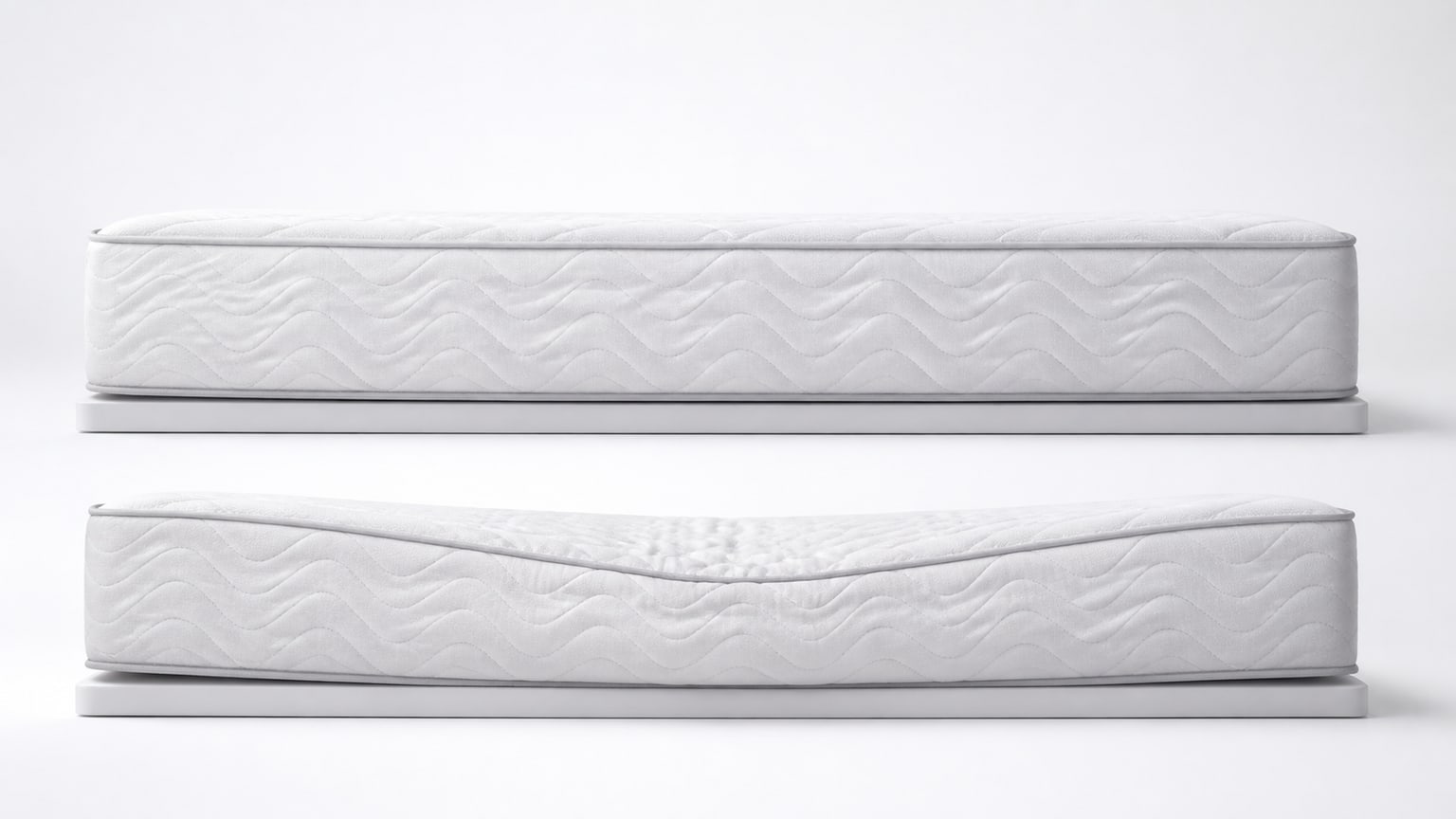 Studio image of a high-quality mattress showing smooth surface and layers, on simple bed frame against white background.