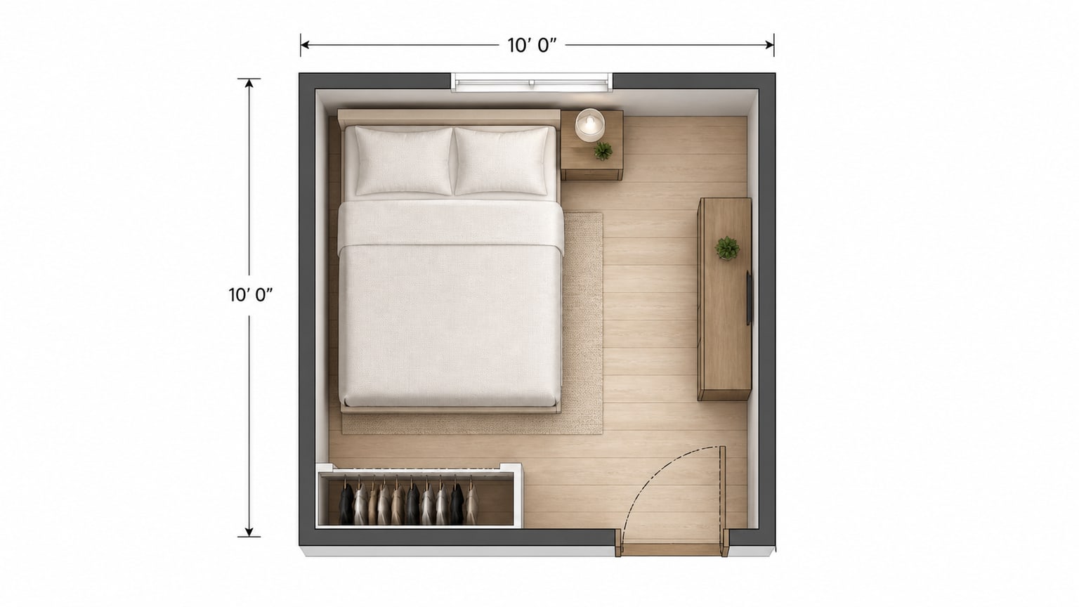 Queen mattress on bed frame with minimal furniture in a room setup showing dimension labels