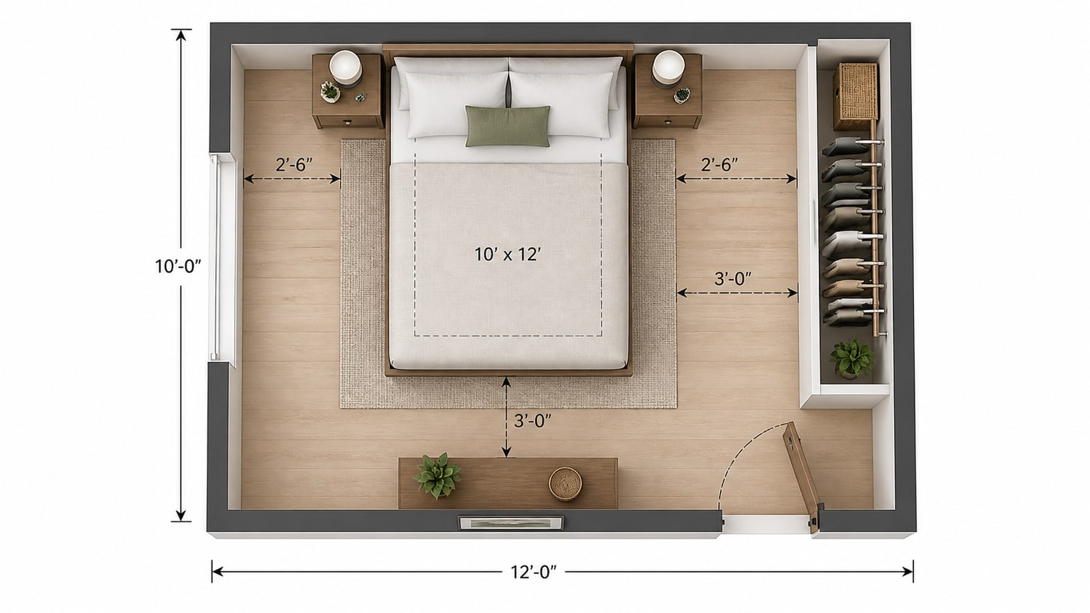 Realistic mattress and bed frame displayed in a minimal bedroom setup on white background showing mattress size context