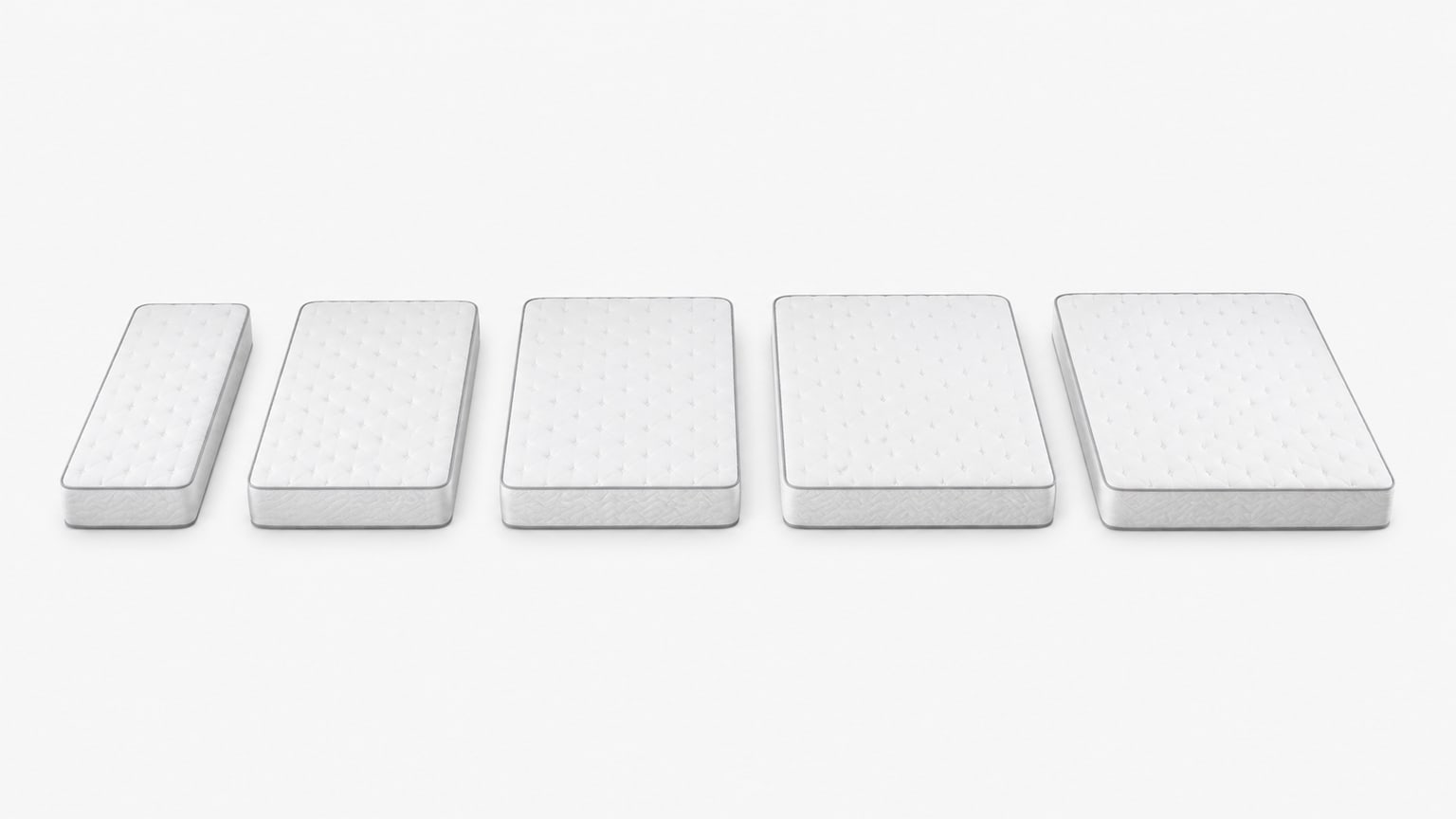 Comparison of Twin, Full, Queen, King, and California King mattress sizes displayed side by side on white background with minimal dimension labels