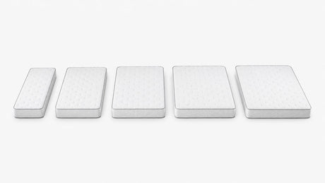 Comparison of Twin, Full, Queen, King, and California King mattress sizes displayed side by side on white background with minimal dimension labels