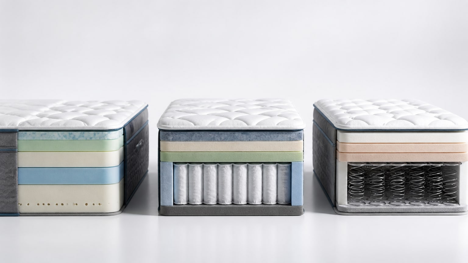 Cross-section of mattress layers showing memory foam, hybrid, and innerspring constructions on white background