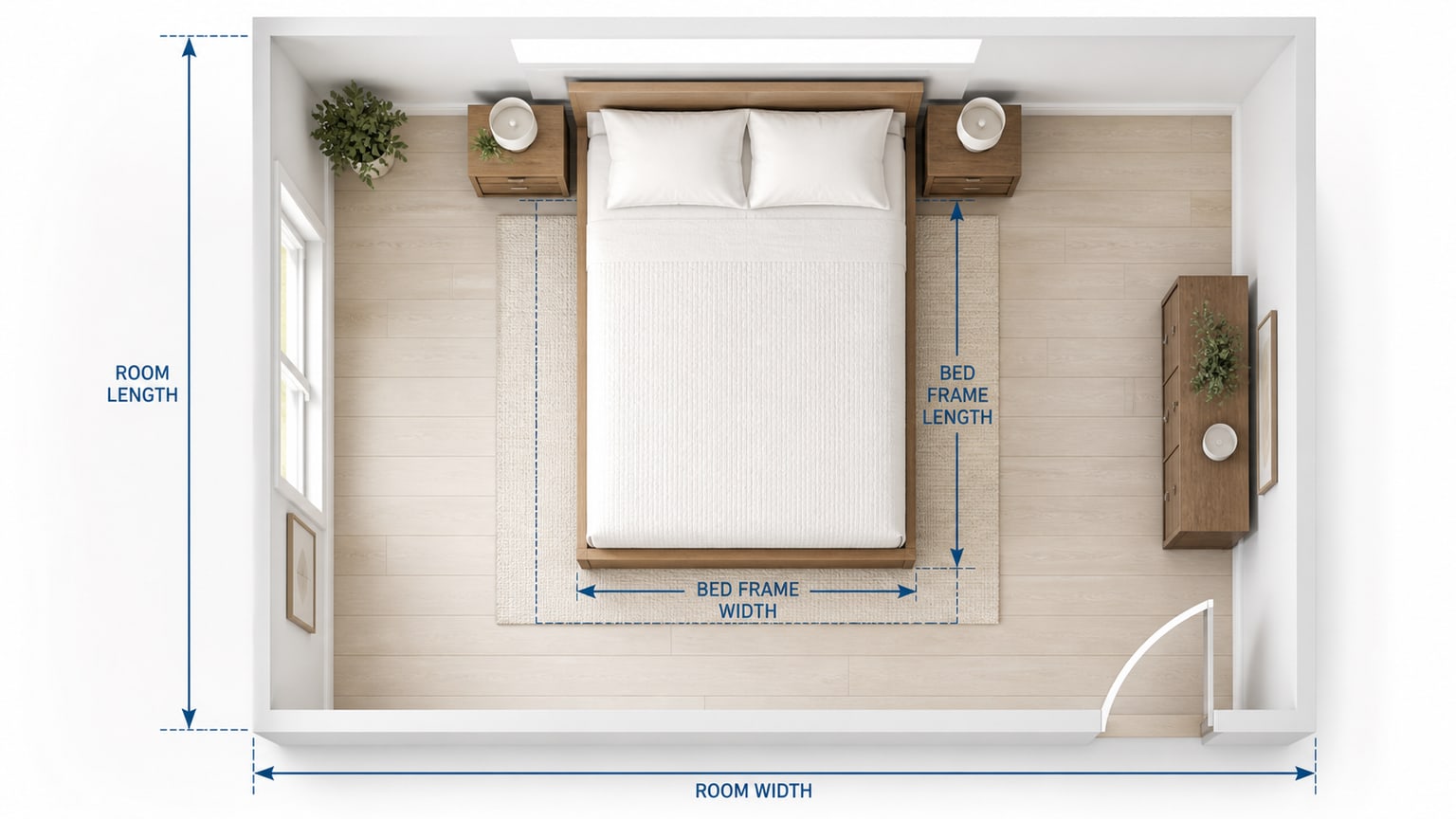 Mattress on bed frame with nightstand and dresser in a bright studio setting showcasing mattress and furniture dimensions