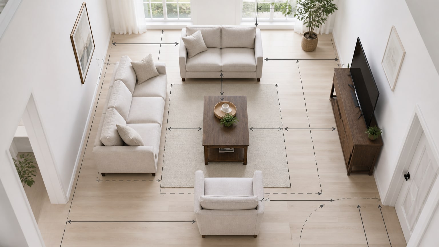 Coordinated living room furniture set with sofa, loveseat, reclining chair, coffee table, and rug on white background