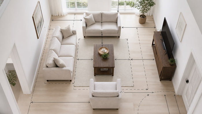 Coordinated living room furniture set with sofa, loveseat, reclining chair, coffee table, and rug on white background