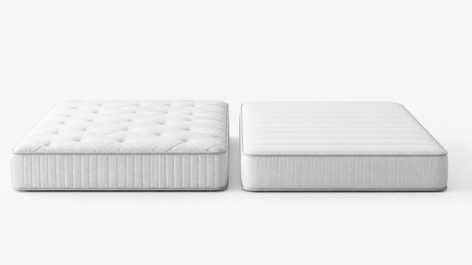 Two mattresses side by side on white background, showing medium and firm mattress comfort layers comparison