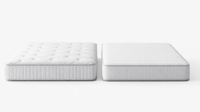 Two mattresses side by side on white background, showing medium and firm mattress comfort layers comparison
