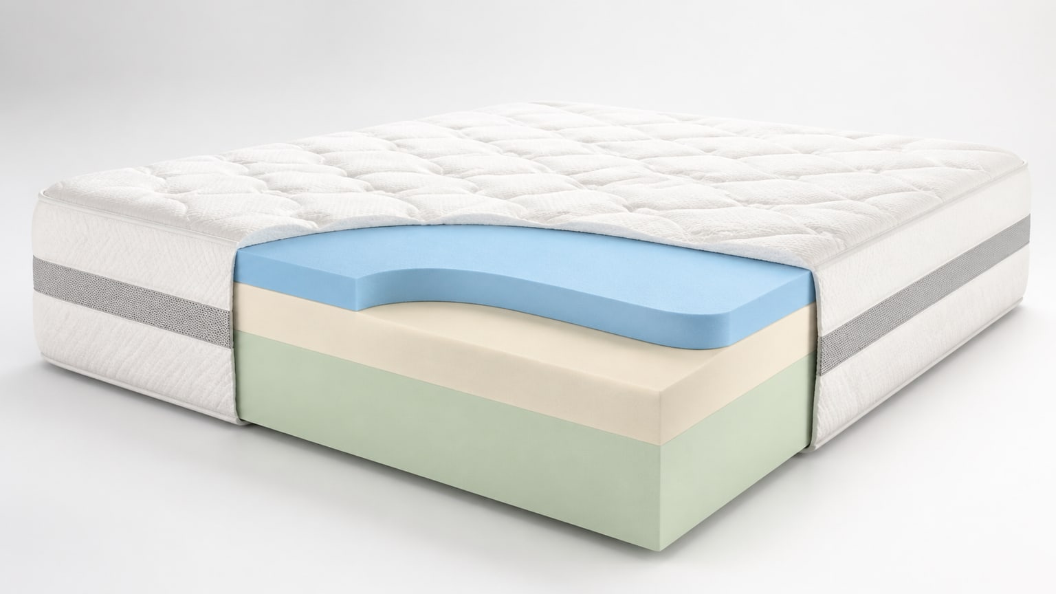 Memory foam mattress with visible layered cutaway view showing comfort and support foams on a white background