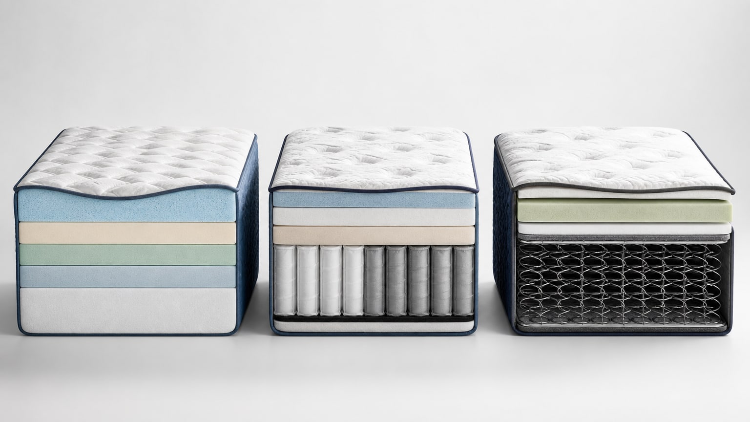 Cross-section comparison of memory foam, hybrid, and innerspring mattresses showing layered constructions on white background