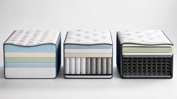 Cross-section comparison of memory foam, hybrid, and innerspring mattresses showing layered constructions on white background
